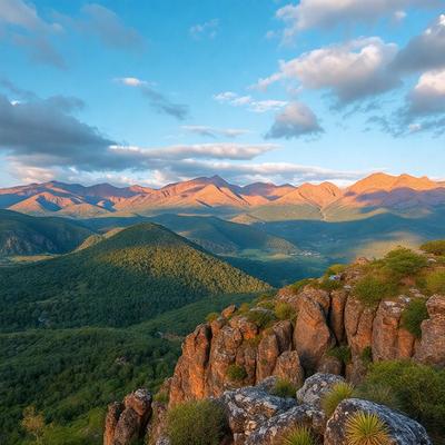The primary subject of the image is a beautiful mountain range with a cloudy sky in the background. The setting is a mountain top with a rocky terrain, and the visual style is a photo. The colors and mood of the image are dominated by the natural hues of the mountains and the cloudy sky, creating a serene and picturesque atmosphere.